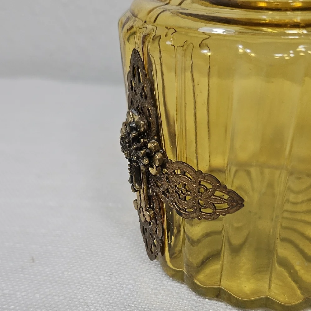 Vintage Yellow Glass Decorative Bottle with Metal Cross Accent  Bud Vase 5"x3.5" - Picture 9 of 9